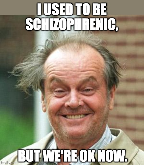 Schizoid | I USED TO BE SCHIZOPHRENIC, BUT WE'RE OK NOW. | image tagged in jack nicholson crazy hair | made w/ Imgflip meme maker