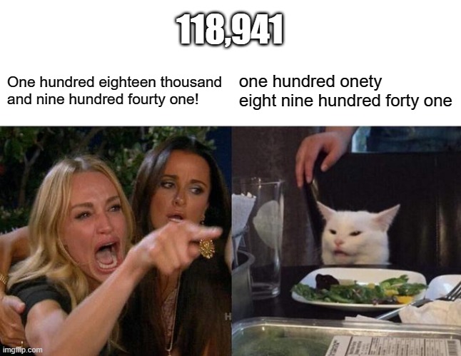 118,941 be like | 118,941; One hundred eighteen thousand and nine hundred fourty one! one hundred onety eight nine hundred forty one | image tagged in memes,woman yelling at cat | made w/ Imgflip meme maker