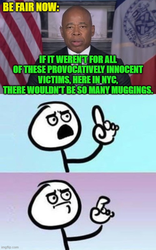 It's absolutely true.  Sue all the innocent victims! | BE FAIR NOW:; IF IT WEREN'T FOR ALL OF THESE PROVOCATIVELY INNOCENT VICTIMS, HERE IN NYC, THERE WOULDN'T BE SO MANY MUGGINGS. | image tagged in leftist solutions | made w/ Imgflip meme maker