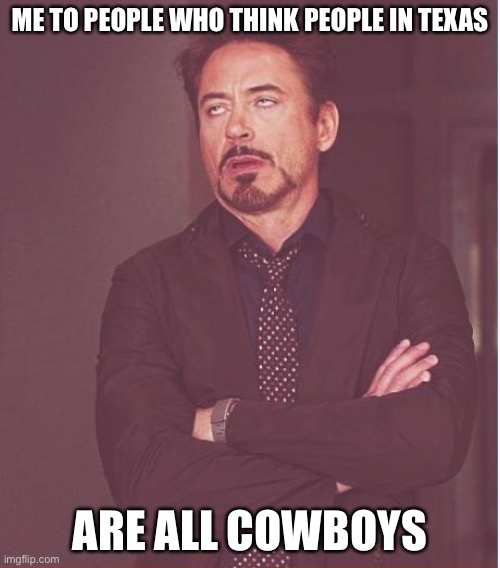 Face You Make Robert Downey Jr | ME TO PEOPLE WHO THINK PEOPLE IN TEXAS; ARE ALL COWBOYS | image tagged in memes,face you make robert downey jr | made w/ Imgflip meme maker