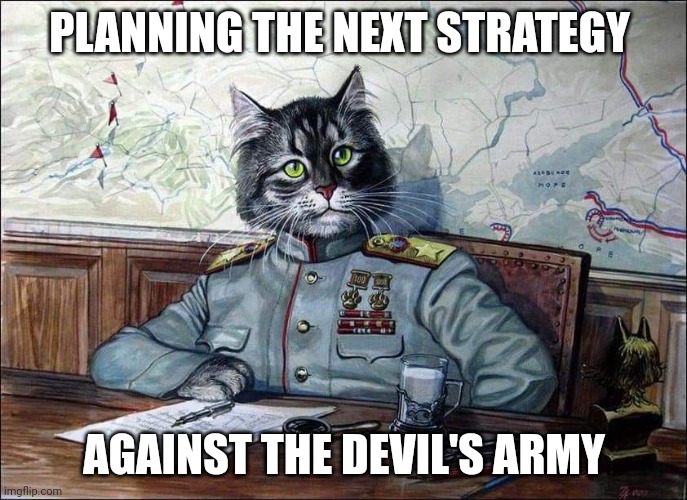 Cats in Charge |  PLANNING THE NEXT STRATEGY; AGAINST THE DEVIL'S ARMY | image tagged in warrior cats | made w/ Imgflip meme maker