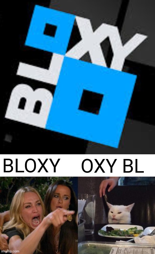 BLOXY; OXY BL | image tagged in memes,woman yelling at cat | made w/ Imgflip meme maker