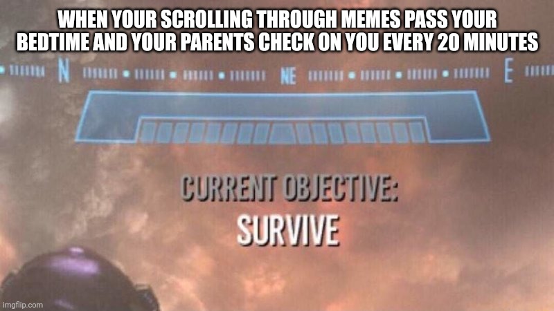 Current Objective: Survive | WHEN YOUR SCROLLING THROUGH MEMES PASS YOUR BEDTIME AND YOUR PARENTS CHECK ON YOU EVERY 20 MINUTES | image tagged in current objective survive | made w/ Imgflip meme maker
