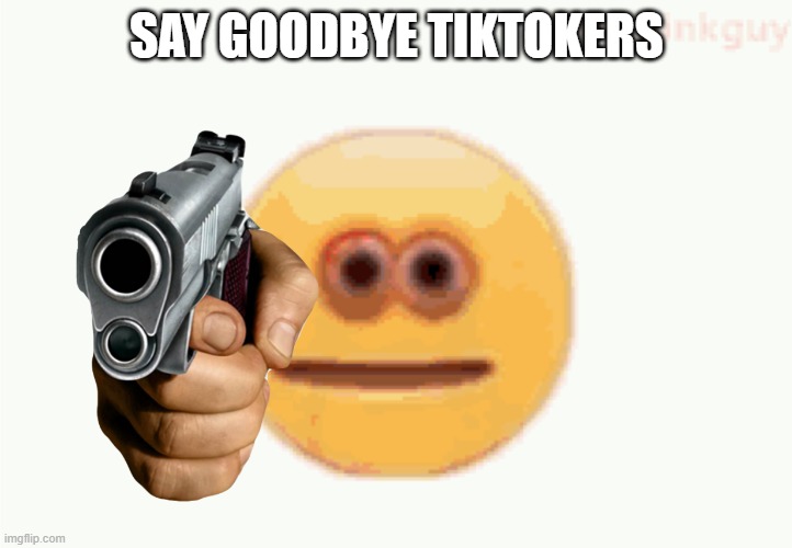 Cursed Emoji pointing gun | SAY GOODBYE TIKTOKERS | image tagged in cursed emoji pointing gun | made w/ Imgflip meme maker