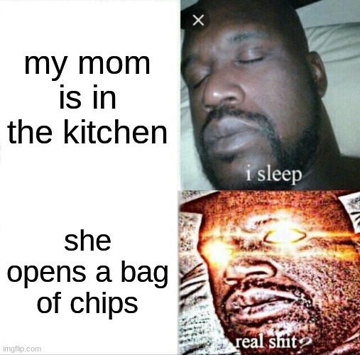 daily goofy ahh memes | my mom is in the kitchen; she opens a bag of chips | image tagged in memes,sleeping shaq | made w/ Imgflip meme maker