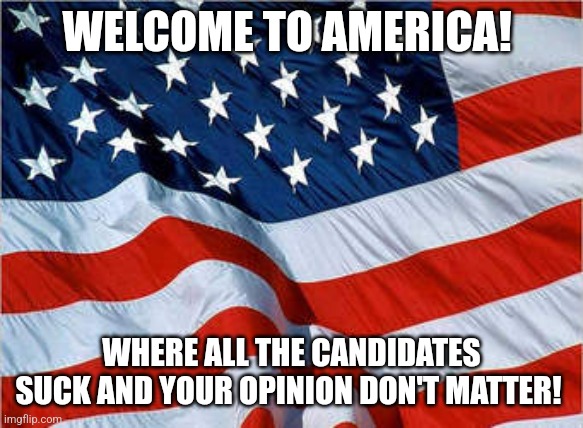 F your opinions | WELCOME TO AMERICA! WHERE ALL THE CANDIDATES SUCK AND YOUR OPINION DON'T MATTER! | image tagged in usa flag | made w/ Imgflip meme maker