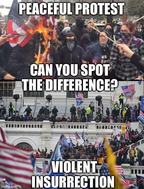 PEACEFUL PROTEST; CAN YOU SPOT THE DIFFERENCE? VIOLENT INSURRECTION | image tagged in antifa democrat leftist terrorist,insurrection jan 6th 2021 | made w/ Imgflip meme maker