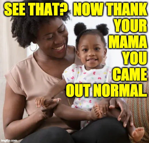 SEE THAT?  NOW THANK
YOUR
MAMA
YOU
CAME
OUT NORMAL. | made w/ Imgflip meme maker