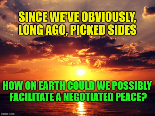 Sunset |  SINCE WE'VE OBVIOUSLY, LONG AGO, PICKED SIDES; HOW ON EARTH COULD WE POSSIBLY  FACILITATE A NEGOTIATED PEACE? | image tagged in sunset | made w/ Imgflip meme maker