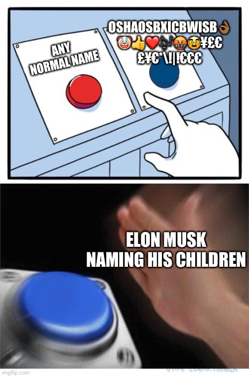 Fax | OSHAOSBXICBWISB👌🏾
🤡👍❤️🎶🤬🥸¥£€
£¥€*\!|!€€€; ANY NORMAL NAME; ELON MUSK NAMING HIS CHILDREN | image tagged in two buttons 1 blue | made w/ Imgflip meme maker