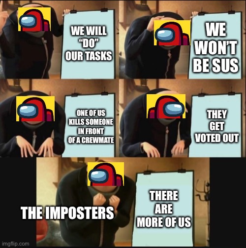 Imposter Plan | WE WILL “DO” OUR TASKS; WE WON’T BE SUS; THEY GET VOTED OUT; ONE OF US KILLS SOMEONE IN FRONT OF A CREWMATE; THERE ARE MORE OF US; THE IMPOSTERS | image tagged in 5 panel gru meme | made w/ Imgflip meme maker
