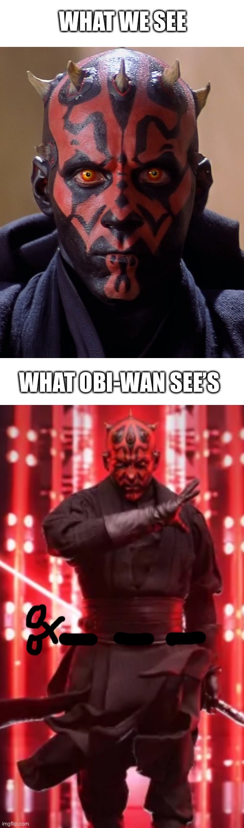 What Obi-Wan see’s | WHAT WE SEE; WHAT OBI-WAN SEE’S | image tagged in darth maul,obi-wan | made w/ Imgflip meme maker