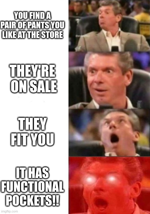 In what universe? | YOU FIND A PAIR OF PANTS YOU LIKE AT THE STORE; THEY'RE  ON SALE; THEY FIT YOU; IT HAS FUNCTIONAL POCKETS!! | image tagged in mr mcmahon reaction | made w/ Imgflip meme maker