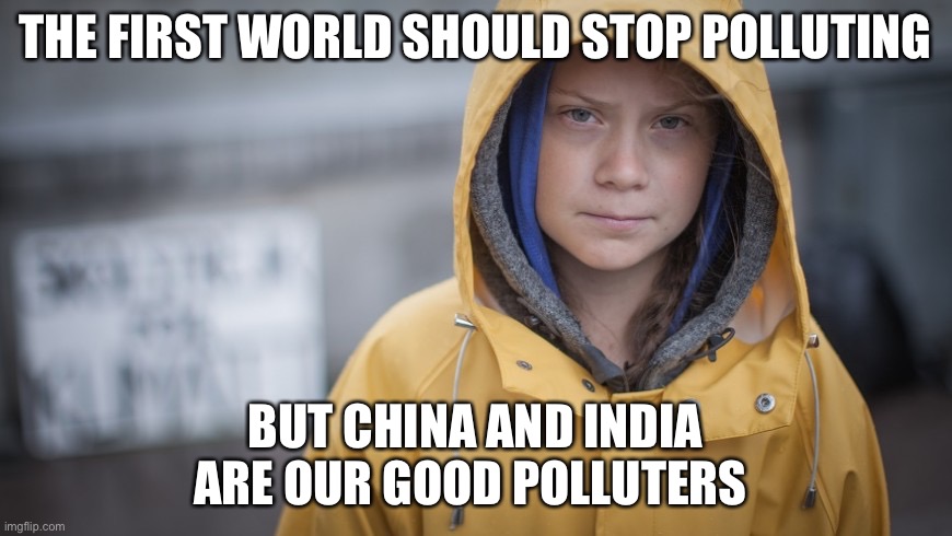 Good Pollution | THE FIRST WORLD SHOULD STOP POLLUTING; BUT CHINA AND INDIA ARE OUR GOOD POLLUTERS | image tagged in angry greta | made w/ Imgflip meme maker