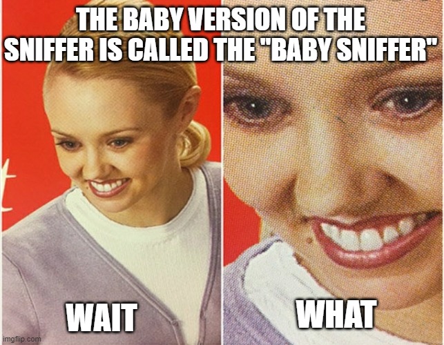 Hol up | THE BABY VERSION OF THE SNIFFER IS CALLED THE "BABY SNIFFER"; WAIT; WHAT | image tagged in wait what | made w/ Imgflip meme maker