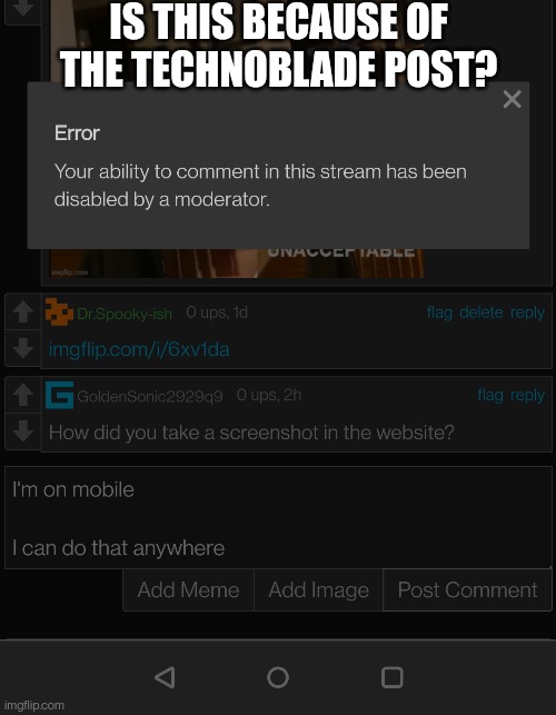 I was comment banned in crusader stream, a mod said we'll talk in memechat | IS THIS BECAUSE OF THE TECHNOBLADE POST? | image tagged in bruh moment | made w/ Imgflip meme maker