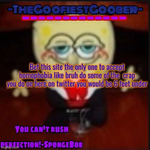 -TheGoofiestGoober Idk.jpg Announcement Template | Bet this site the only one to accept homophobia like bruh do some of the  crap you do on here on twitter you would be 6 feet under | image tagged in -thegoofiestgoober idk jpg announcement template | made w/ Imgflip meme maker