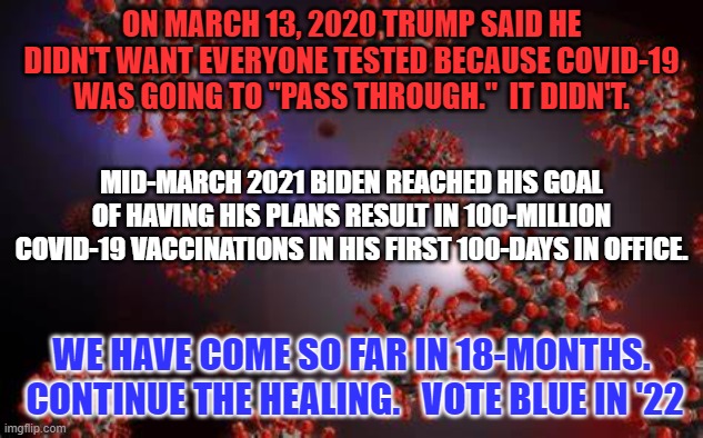 Keep moving forward to better times, not back to the dark days of denial. | ON MARCH 13, 2020 TRUMP SAID HE DIDN'T WANT EVERYONE TESTED BECAUSE COVID-19 WAS GOING TO "PASS THROUGH."  IT DIDN'T. MID-MARCH 2021 BIDEN REACHED HIS GOAL OF HAVING HIS PLANS RESULT IN 100-MILLION COVID-19 VACCINATIONS IN HIS FIRST 100-DAYS IN OFFICE. WE HAVE COME SO FAR IN 18-MONTHS.  CONTINUE THE HEALING.   VOTE BLUE IN '22 | image tagged in politics | made w/ Imgflip meme maker