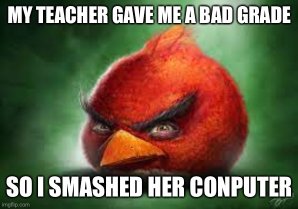 Not real | MY TEACHER GAVE ME A BAD GRADE; SO I SMASHED HER COMPUTER | image tagged in realistic red angry birds | made w/ Imgflip meme maker
