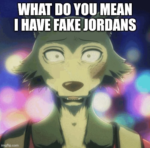 Yep, fake jordans... | WHAT DO YOU MEAN I HAVE FAKE JORDANS | image tagged in beastars legosi crying | made w/ Imgflip meme maker