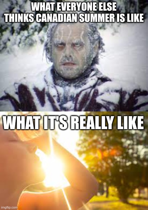 it can get up to 40 degrees Celsius in the summer here! that's 104 fahrenheit for you americans | WHAT EVERYONE ELSE THINKS CANADIAN SUMMER IS LIKE; WHAT IT'S REALLY LIKE | image tagged in meanwhile in canada | made w/ Imgflip meme maker
