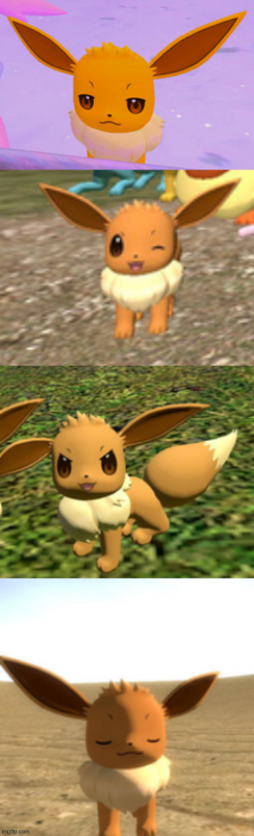 image tagged in not impressed eevee,happy eevee,evil eevee,calm eevee | made w/ Imgflip meme maker