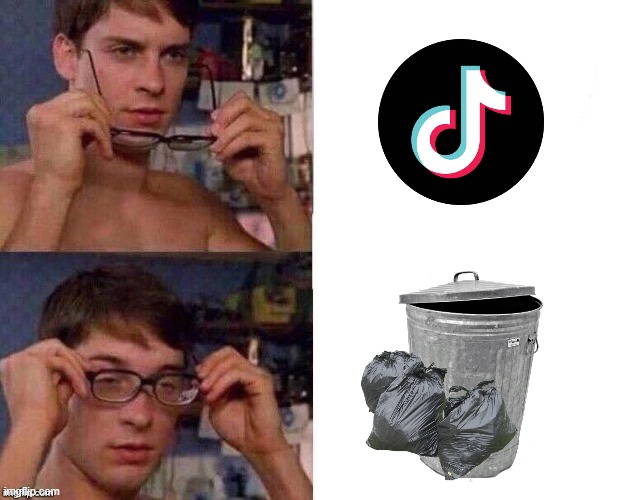 TikTok as it truly is. | image tagged in spider-man glasses,tiktok,trash | made w/ Imgflip meme maker