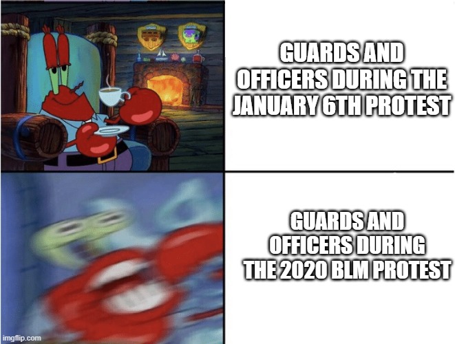 Mr Krabs calm then angry | GUARDS AND OFFICERS DURING THE JANUARY 6TH PROTEST; GUARDS AND OFFICERS DURING THE 2020 BLM PROTEST | image tagged in mr krabs calm then angry | made w/ Imgflip meme maker