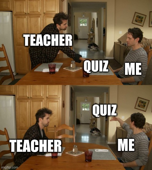 when your teacher gives you a quiz. | TEACHER; ME; QUIZ; QUIZ; TEACHER; ME | image tagged in plate toss | made w/ Imgflip meme maker