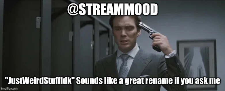 Gun pointed at head | @STREAMMOOD; "JustWeirdStuffIdk" Sounds like a great rename if you ask me | image tagged in gun pointed at head | made w/ Imgflip meme maker