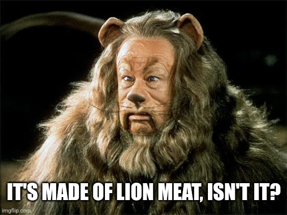 cowardly lion | IT'S MADE OF LION MEAT, ISN'T IT? | image tagged in cowardly lion | made w/ Imgflip meme maker