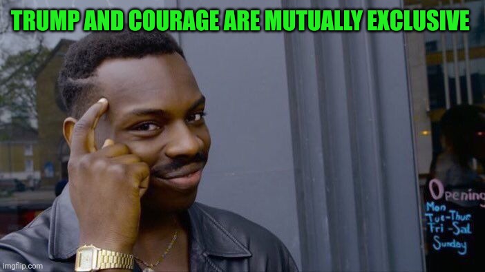 Roll Safe Think About It Meme | TRUMP AND COURAGE ARE MUTUALLY EXCLUSIVE | image tagged in memes,roll safe think about it | made w/ Imgflip meme maker