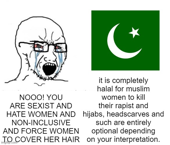 chat muslim | it is completely halal for muslim women to kill their rapist and hijabs, headscarves and such are entirely optional depending on your interpretation. NOOO! YOU ARE SEXIST AND HATE WOMEN AND NON-INCLUSIVE AND FORCE WOMEN TO COVER HER HAIR | image tagged in soyboy vs yes chad,muslim,anti-islamophobia | made w/ Imgflip meme maker