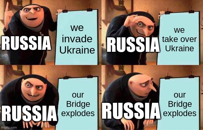 Gru's Plan | we invade Ukraine; we take over Ukraine; RUSSIA; RUSSIA; our Bridge explodes; our Bridge explodes; RUSSIA; RUSSIA | image tagged in memes,gru's plan,russian | made w/ Imgflip meme maker