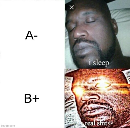 Grades in a Nutshell | A-; B+ | image tagged in memes,sleeping shaq,funny,why are you reading this,stop reading the tags | made w/ Imgflip meme maker