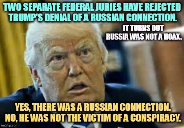 Two separate Federal juries. Russia was not a hoax. | IT TURNS OUT 
RUSSIA WAS NOT A HOAX. | image tagged in trump,liar,putin,boss,russia,hoax | made w/ Imgflip meme maker