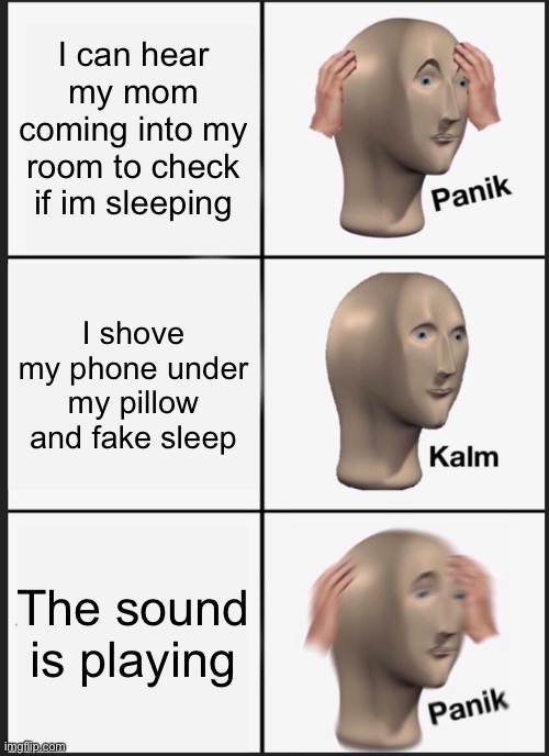 Yes | I can hear my mom coming into my room to check if im sleeping; I shove my phone under my pillow and fake sleep; The sound is playing | image tagged in memes,panik kalm panik,sleep,bruh moment | made w/ Imgflip meme maker