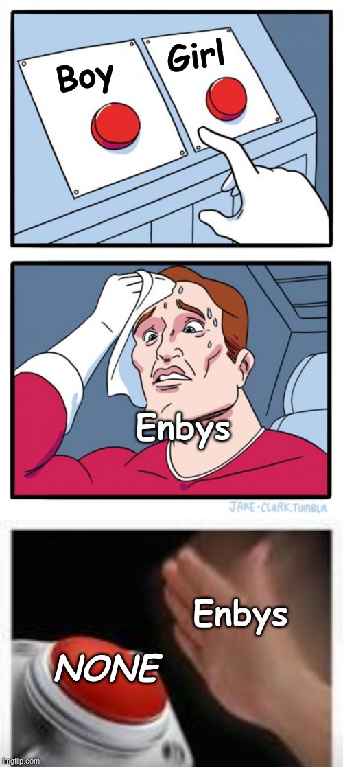 Girl; Boy; Enbys; Enbys; NONE | image tagged in memes,two buttons | made w/ Imgflip meme maker