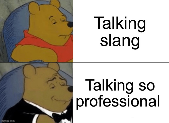 Tuxedo Winnie The Pooh | Talking slang; Talking so professional | image tagged in memes,tuxedo winnie the pooh | made w/ Imgflip meme maker