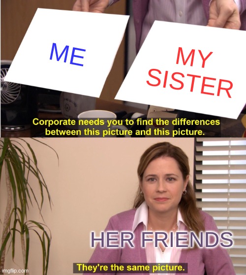 lol | ME; MY SISTER; HER FRIENDS | image tagged in memes,they're the same picture | made w/ Imgflip meme maker
