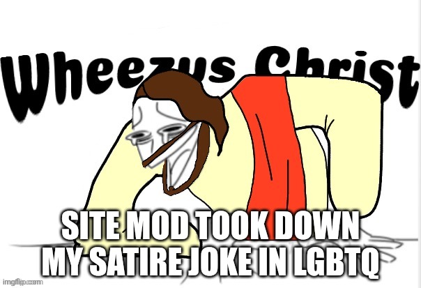 Sammy still being a pissbaby | SITE MOD TOOK DOWN MY SATIRE JOKE IN LGBTQ | image tagged in wheezus christ | made w/ Imgflip meme maker