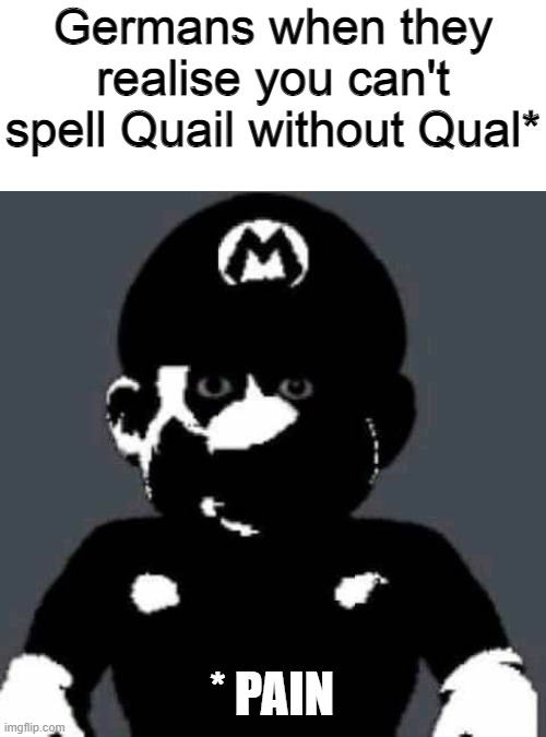 grey mario |  Germans when they realise you can't spell Quail without Qual*; * PAIN | image tagged in grey mario,german,memes,puns,can't spell | made w/ Imgflip meme maker