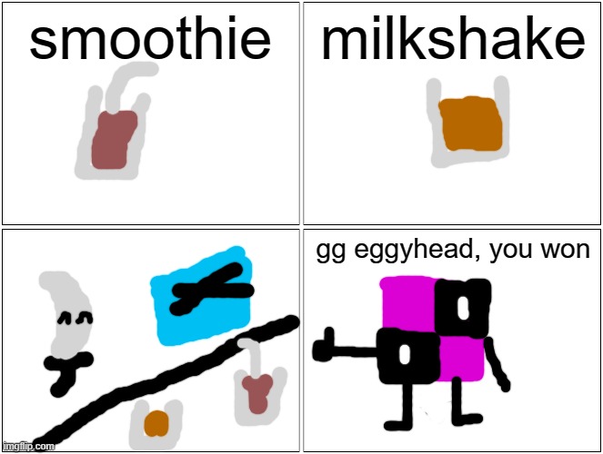 That was fun! (though not many voted) buut fun! | smoothie; milkshake; gg eggyhead, you won | image tagged in memes,blank comic panel 2x2 | made w/ Imgflip meme maker