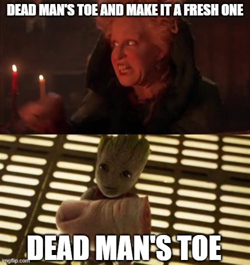 DEAD MAN'S TOE AND MAKE IT A FRESH ONE; DEAD MAN'S TOE | image tagged in hocus pocus,guardians of the galaxy vol 2,memes | made w/ Imgflip meme maker