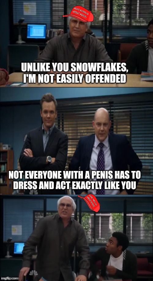 MAGA Snowflake | UNLIKE YOU SNOWFLAKES, I'M NOT EASILY OFFENDED NOT EVERYONE WITH A PENIS HAS TO
DRESS AND ACT EXACTLY LIKE YOU | image tagged in maga snowflake | made w/ Imgflip meme maker