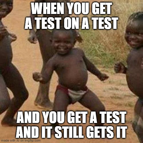 i got a test in a test once | WHEN YOU GET A TEST ON A TEST; AND YOU GET A TEST AND IT STILL GETS IT | image tagged in memes,third world success kid | made w/ Imgflip meme maker