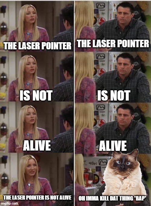 why do cats always try to attack the laser tho | THE LASER POINTER; THE LASER POINTER; IS NOT; IS NOT; ALIVE; ALIVE; THE LASER POINTER IS NOT ALIVE; OH IMMA KILL DAT THING *BAP* | image tagged in phoebe joey,cats,relatable | made w/ Imgflip meme maker