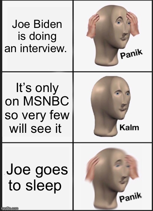 Luckily it was on MSNBC | Joe Biden is doing an interview. It’s only on MSNBC so very few will see it; Joe goes to sleep | image tagged in memes,panik kalm panik,politics lol | made w/ Imgflip meme maker