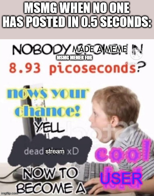 Dead stream | MSMG WHEN NO ONE HAS POSTED IN 0.5 SECONDS: | image tagged in dead stream | made w/ Imgflip meme maker