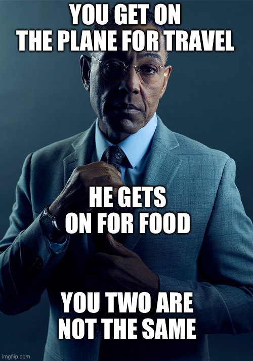 Gus Fring we are not the same | YOU GET ON THE PLANE FOR TRAVEL HE GETS ON FOR FOOD YOU TWO ARE NOT THE SAME | image tagged in gus fring we are not the same | made w/ Imgflip meme maker